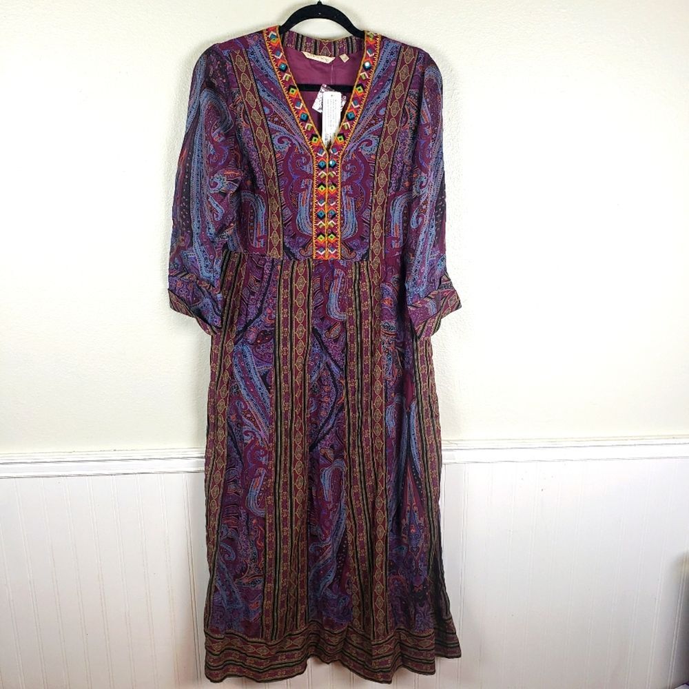 Women's Soft Surroundings Purple Paisley Witch Boho Gypsy Maxi Dress Size Small